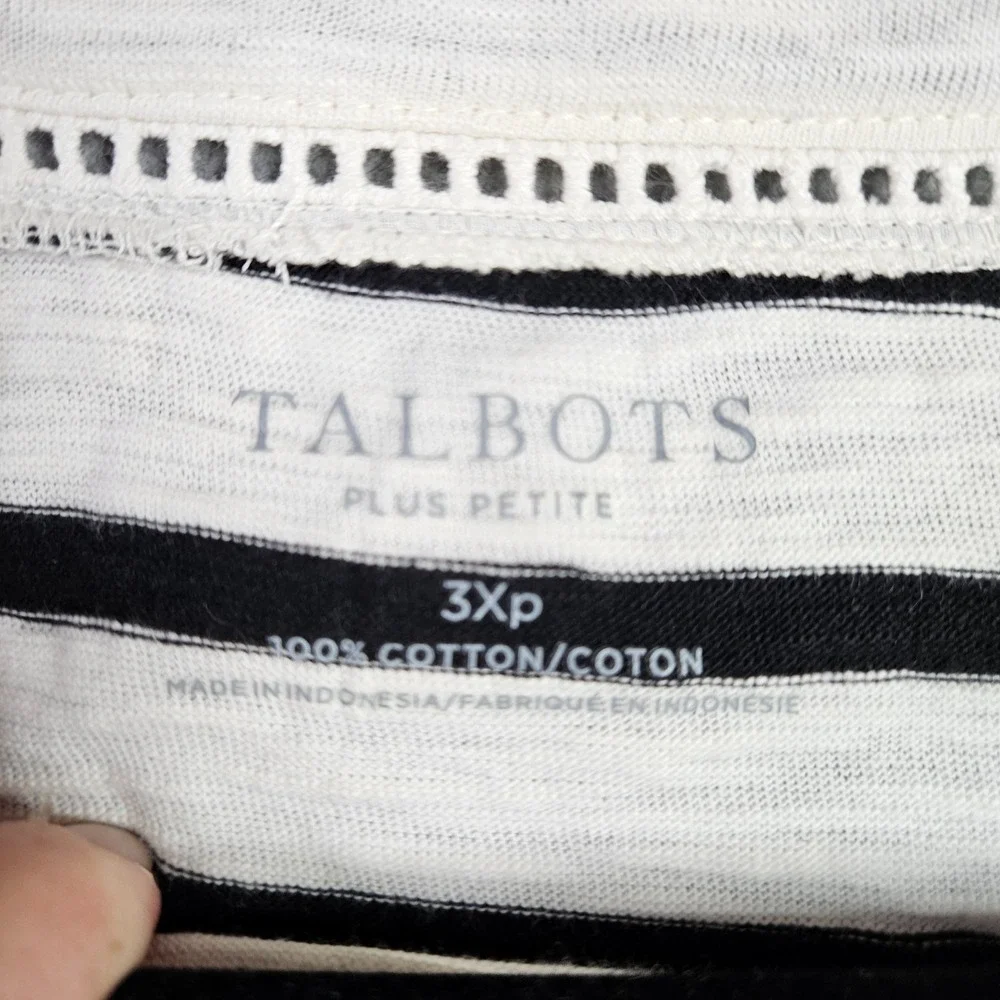 Talbots Plus Petite Women's 3XP Black White Striped Square Neck 3/4 Sleeve Top